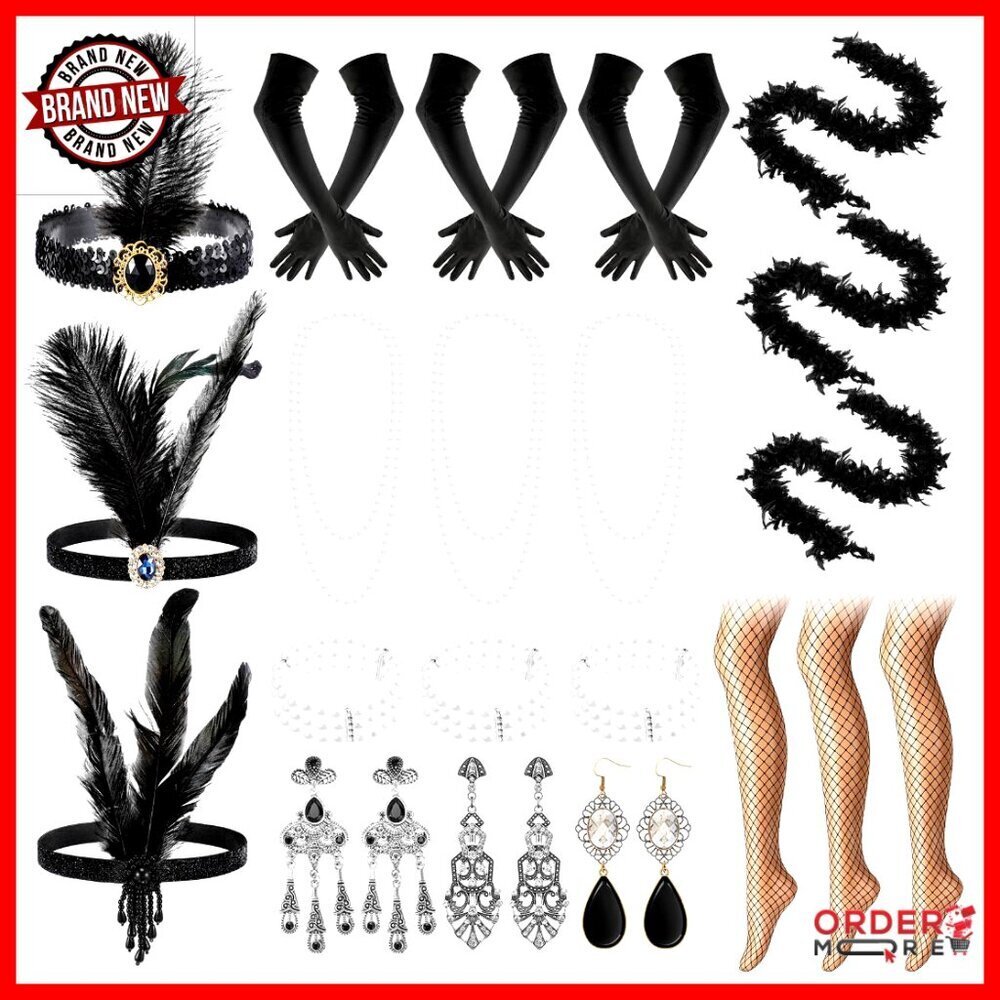 Vintage 1920s Flapper Accessory Set with Headband Gloves Necklaces